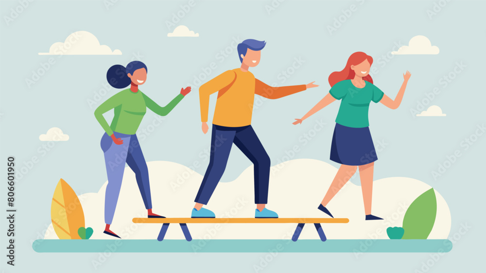 A group of friends with different abilities take turns testing out the balance and coordination benefits of a balance board.. Vector illustration