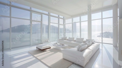 The minimalist elegance of a white living room  with floor-to-ceiling windows capturing the bay s morning mist