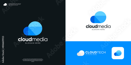 Geometric cloud tech logo design. Simple blue cloud logo vector database server storage.