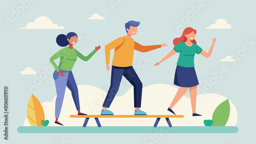 A group of friends with different abilities take turns testing out the balance and coordination benefits of a balance board.. Vector illustration