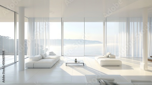 The minimalist elegance of a white living room  with floor-to-ceiling windows capturing the bay s morning mist