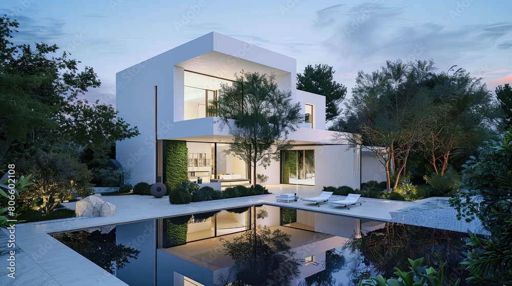 Fototapeta premium The modern allure of a white villa's exterior, with a pool that is a tranquil oasis and a garden that is a tapestry of green at dusk