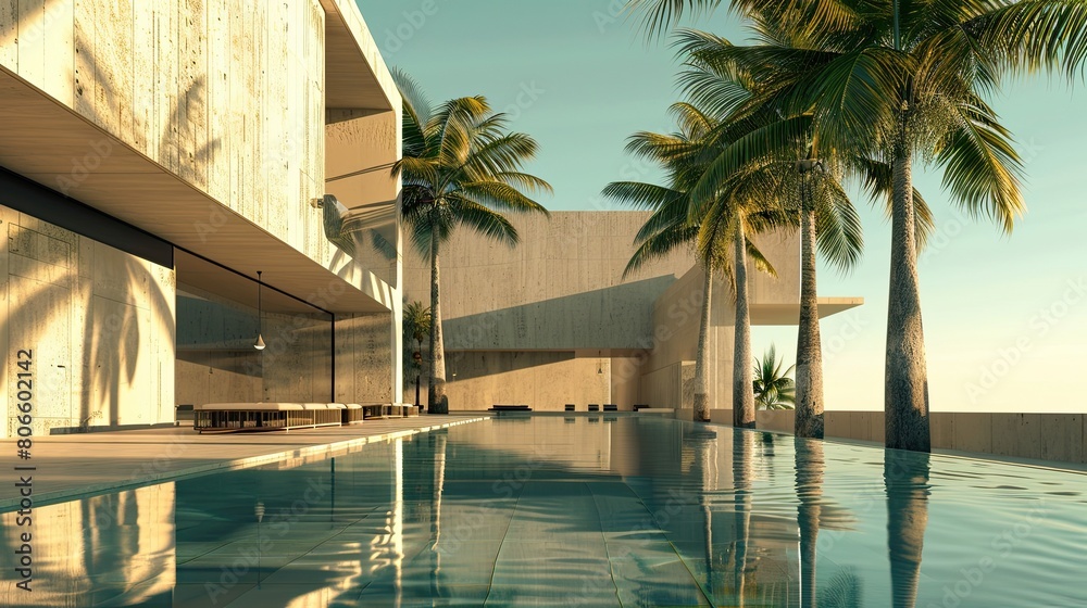 The modern architecture of a luxury pool home, with towering palm trees casting shadows on the water