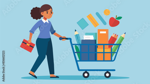 With empty shelves in mind a teacher loaded up their cart with supplies found at a thrift store from markers and scissors to stickers and paper. Vector illustration