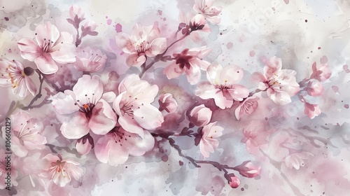Artistic watercolor of cherry blossoms in full bloom  the soft pinks creating a tranquil and inviting atmosphere in the clinic