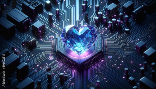 Computer chip with a blue heart on it. The heart is surrounded by purple and blue lights