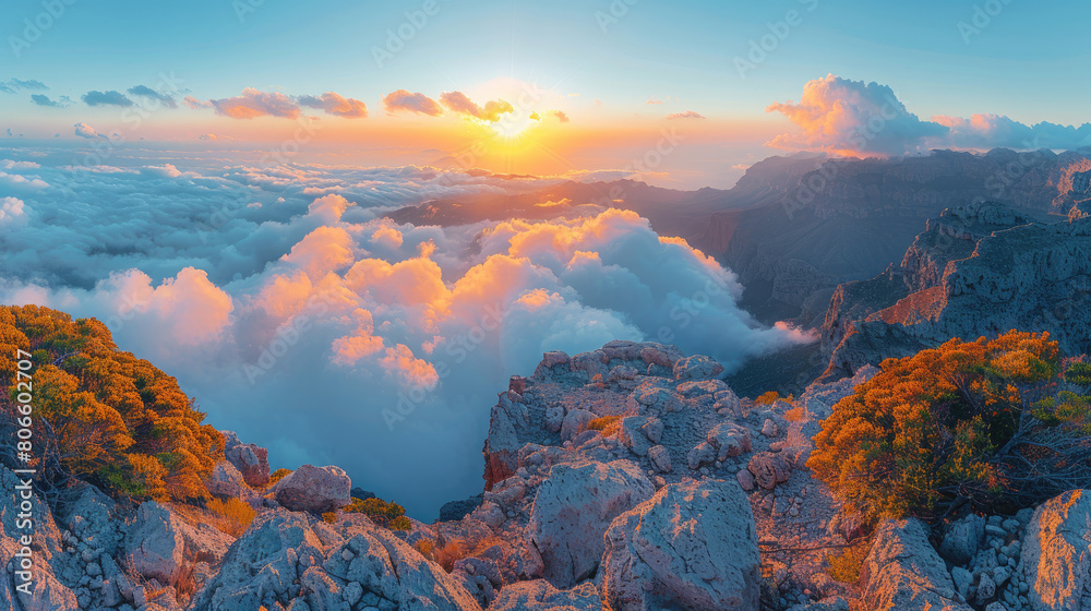  Sunrise over the mountains, clouds in the sky, beautiful landscape, stunning view of nature's scenery, dramatic sky. Created with Ai