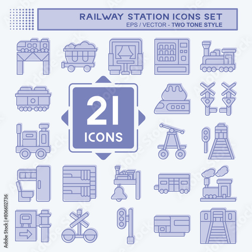 Icon Set Railway Station. related to Train Station symbol. two tone style. simple design illustration