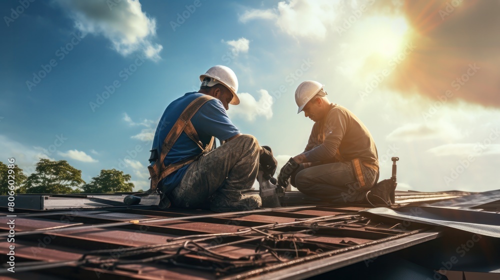 Two workers are installing the roof of a house. Metal sheet roof Two workers are installing the roof of a house. Metal sheet roof