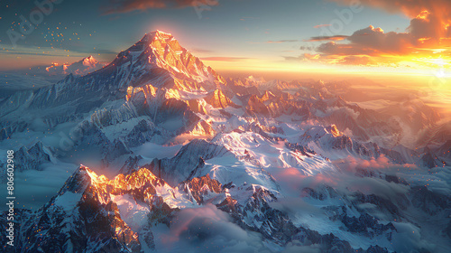 Photograph of Mount Everest, sunrise view from Kala in the Himalayas. Created with Ai © emma
