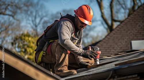 Two workers are installing the roof of a house. Metal sheet roof