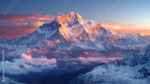  Photograph of Mount Everest at sunrise  with snow-covered peaks and dramatic lighting. The scene captures the grandeur of the pretty mountain range against a vibrant sky. Created with Ai