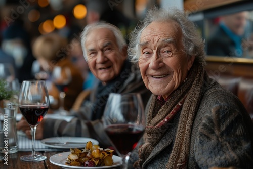 Cheerful elderly or old men drinking wine in a restaurant