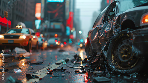 A damaged car is surrounded by debris on a rainy city street at night, highlighting the aftermath of a traffic accident. photo