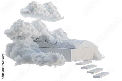 Floating bed on clouds with steps isolated on transparent background