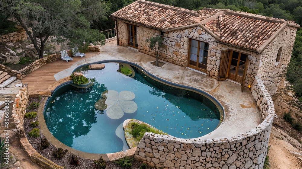 The rustic charm of a Mediterranean house's stone walls encircling a clover-shaped pool The rustic charm of a Mediterranean house's stone walls encircling a clover-shaped pool