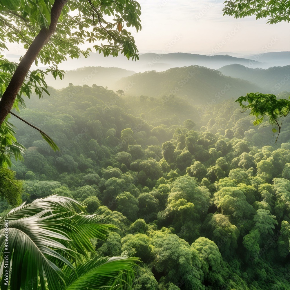 tropical forest in the morning,jungle scene filled with a tapestry of lush green foliage, beauty and untamed wilderness of nature's canopy.