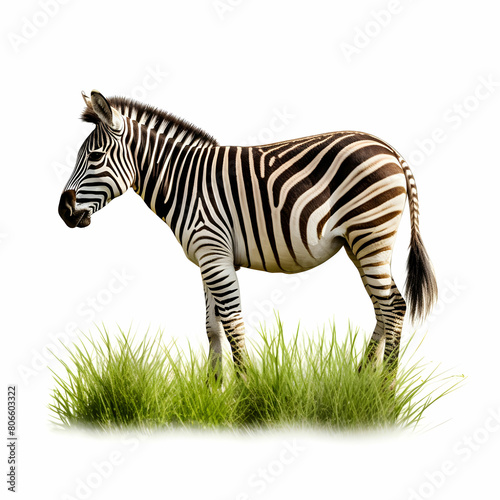 Cutout of an isolated zebra grazing grass with the transparent png background png on white background