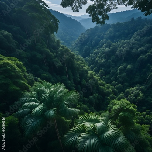 tropical forest jungle scene filled with a tapestry of lush green foliage  beauty and untamed wilderness of nature s canopy.