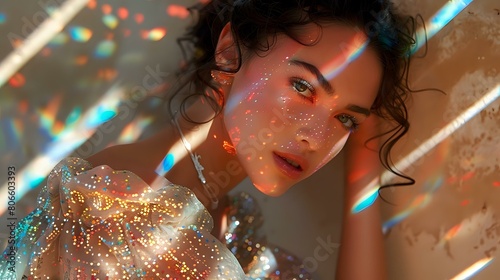 Striking fashion portrait with vibrant hues and shimmering sequined garment