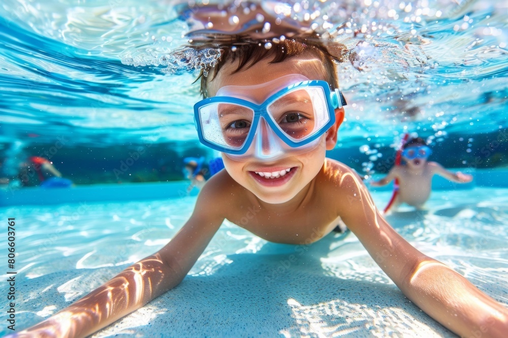Young Boy Joyfully Diving Into Clear Blue Water - Summer Fun, Aquatic Sports, Holiday Activity