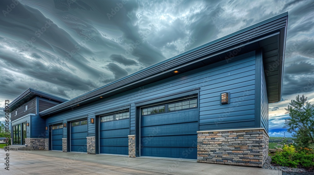 The sleek lines of a modern garage with blue siding and stone trim, under a stormy sky