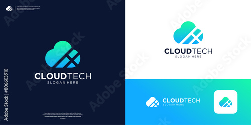 Flat minimalist cloud tech logo design template.