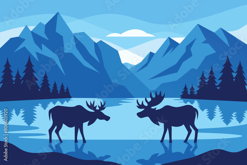 Two moose in wildlife at beautiful lake in blue mountains vector illustration
