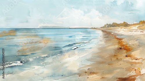 Gentle watercolor of a small, tranquil beach, the rhythmic sound of waves imagined through soft brush strokes of blue and sandy tones