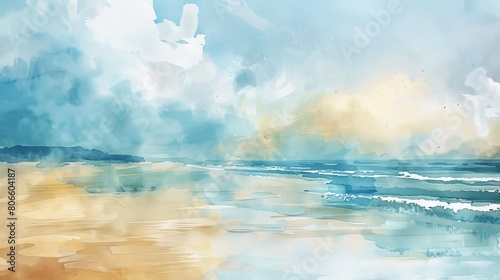 Gentle watercolor of a small, tranquil beach, the rhythmic sound of waves imagined through soft brush strokes of blue and sandy tones photo