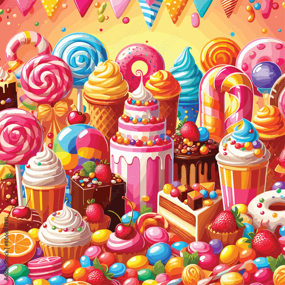 Candy land background with delicious desserts Candy land background with delicious desserts