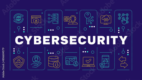 Cybersecurity dark blue word concept. Face recognition, data privacy. Cloud communication management. Horizontal vector image. Headline text surrounded by editable outline icons. Hubot Sans font used