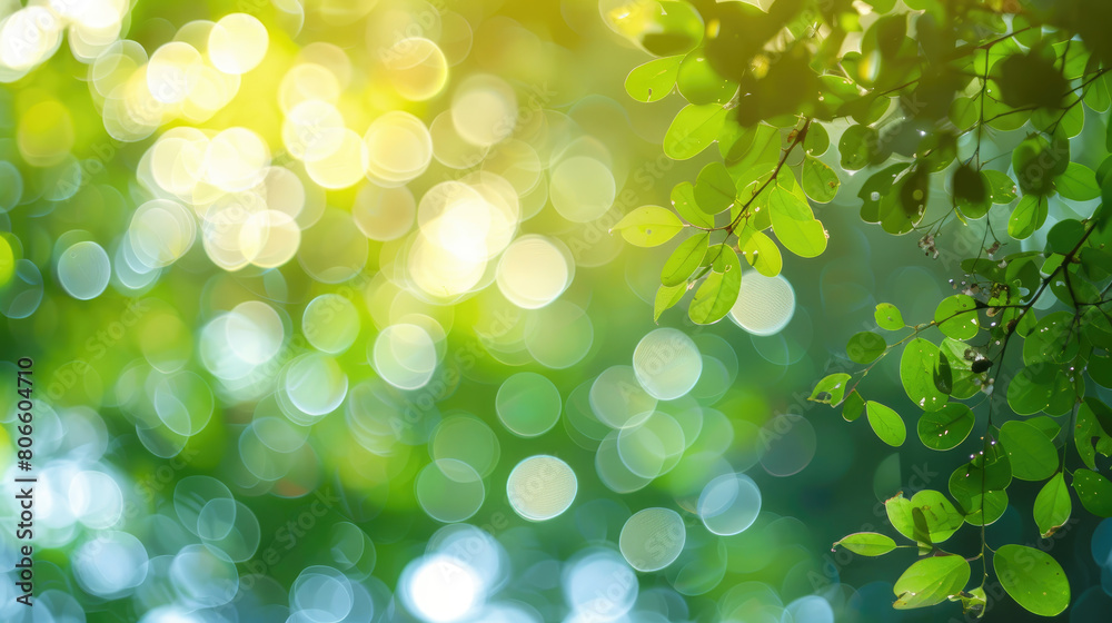 Abstract colorful bokeh background with tree branch. Blurred bokeh background of fresh foliage of tree leaves