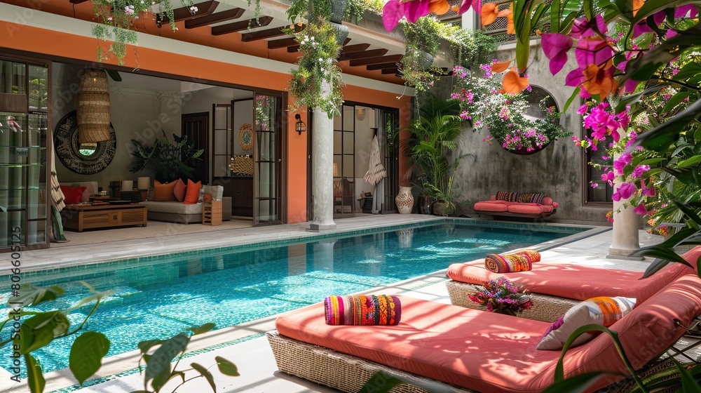 The vibrant colors of a tropical villa's pool area, with flowering plants and stylish sun bed cushions