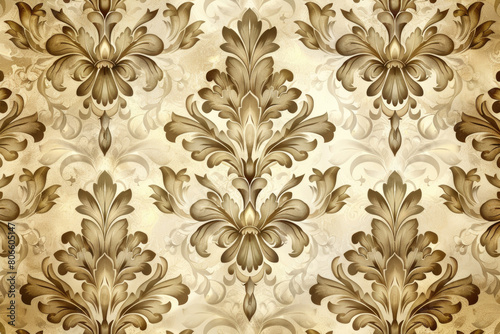 A closeup of an intricate Baroque-style wall design, featuring detailed floral patterns and acanthus leaves in beige tones on a cream background. Created with AI photo