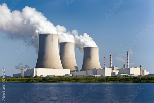 A Image of a Nuclear Power Station Plumes of Smoke Rising from Towering Chimneys Reflecting the Complex Interplay Between Electricity Generation Environmental Damage ongoing Debate Over Nuclear Energy