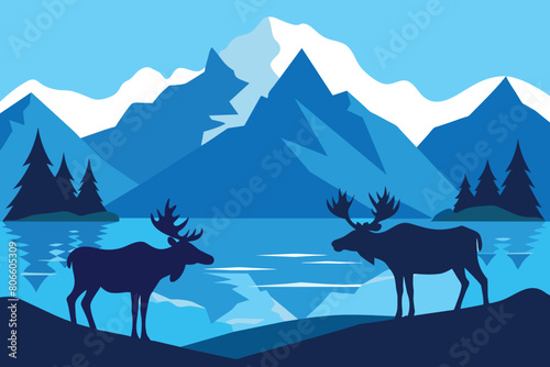 Two moose in wildlife at beautiful lake in blue mountains vector illustration