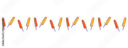 Horizontal seamless border design of popsicle ice cream. Bright doodle illustration isolated on white background. Orange and red ice, summer food.