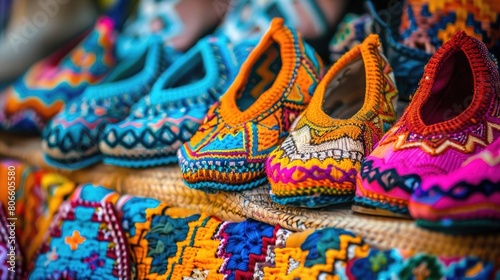 Vibrant Moroccan babouche slippers in an artisan market © Khalif