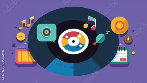 Different genres of music are shown being played on the record each one with its own unique animation and style. Vector illustration