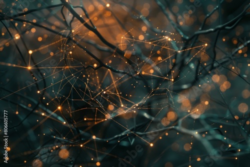 Abstract network of glowing, interconnected lines and nodes with a warm golden tone, suitable for themes of technology and connectivity.