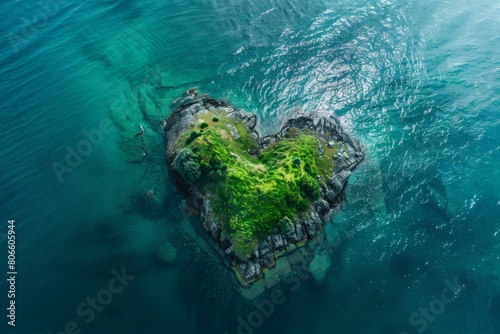 Aerial view of a heart-shaped island surrounded by crystal-clear waters, lush greenery, and vibrant underwater life, perfect for nature themes.   © Kishore Newton