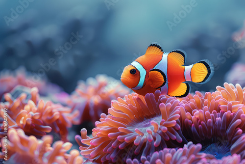 A closeup shot of an orange and blue clownfish swimming among vibrant coral in the Great Barrier Reef. Created with Ai