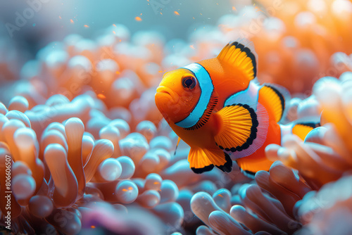 A vibrant coral reef scene with an orange and white clownfish swimming among pink corals. Created with Ai © Trendy