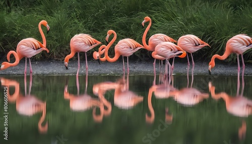 Flamingos In A Shallow Pool With Vibrant Reflectio photo