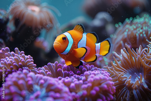 A vibrant clown fish swimming among the colorful coral in anemones  adding to its beauty and charm. Created with Ai