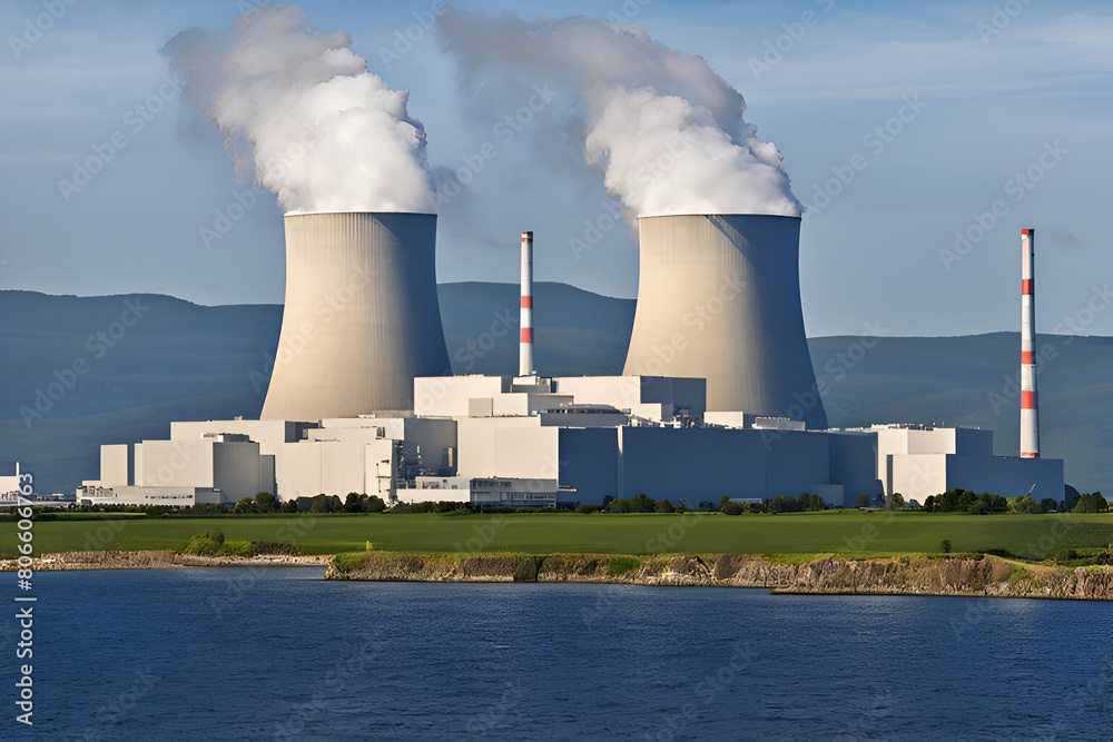 A Image of a Nuclear Power Station,Plumes of Smoke Rising from Towering Chimneys,Reflecting the Complex Interplay Between Electricity Generation,Environmental Damage,ongoing Debate Over Nuclear Energy