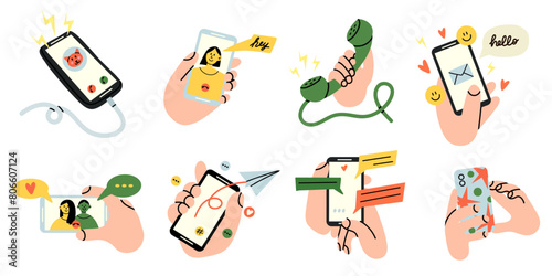 Smartphone communication. Hand hold phone. Chatting, video and text messages, letter mail. Device screen with people faces, facetime application. Gadget cartoon flat style isolated vector illustration