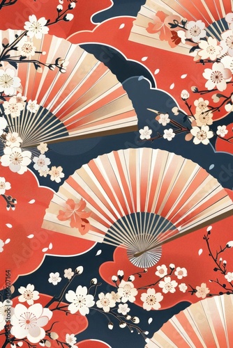 Vector seamless pattern of hand fan decorated with flowers  classic Japanese pattern