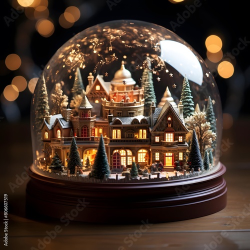 Snow globe with christmas decoration on wooden table. Christmas background.